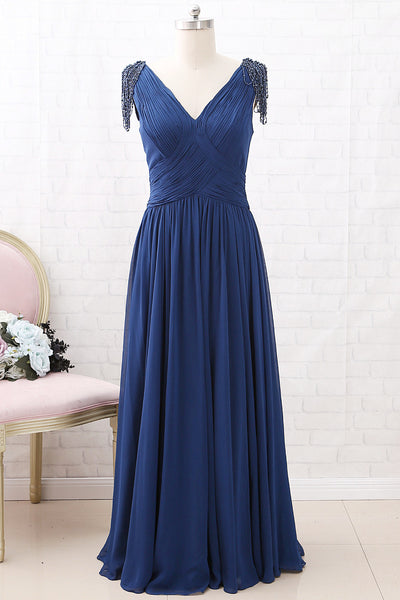 MACloth Cap Sleeves with Beaded V Neck Chiffon Maxi Mother of the Brides Dress Dark Navy Evening Gown