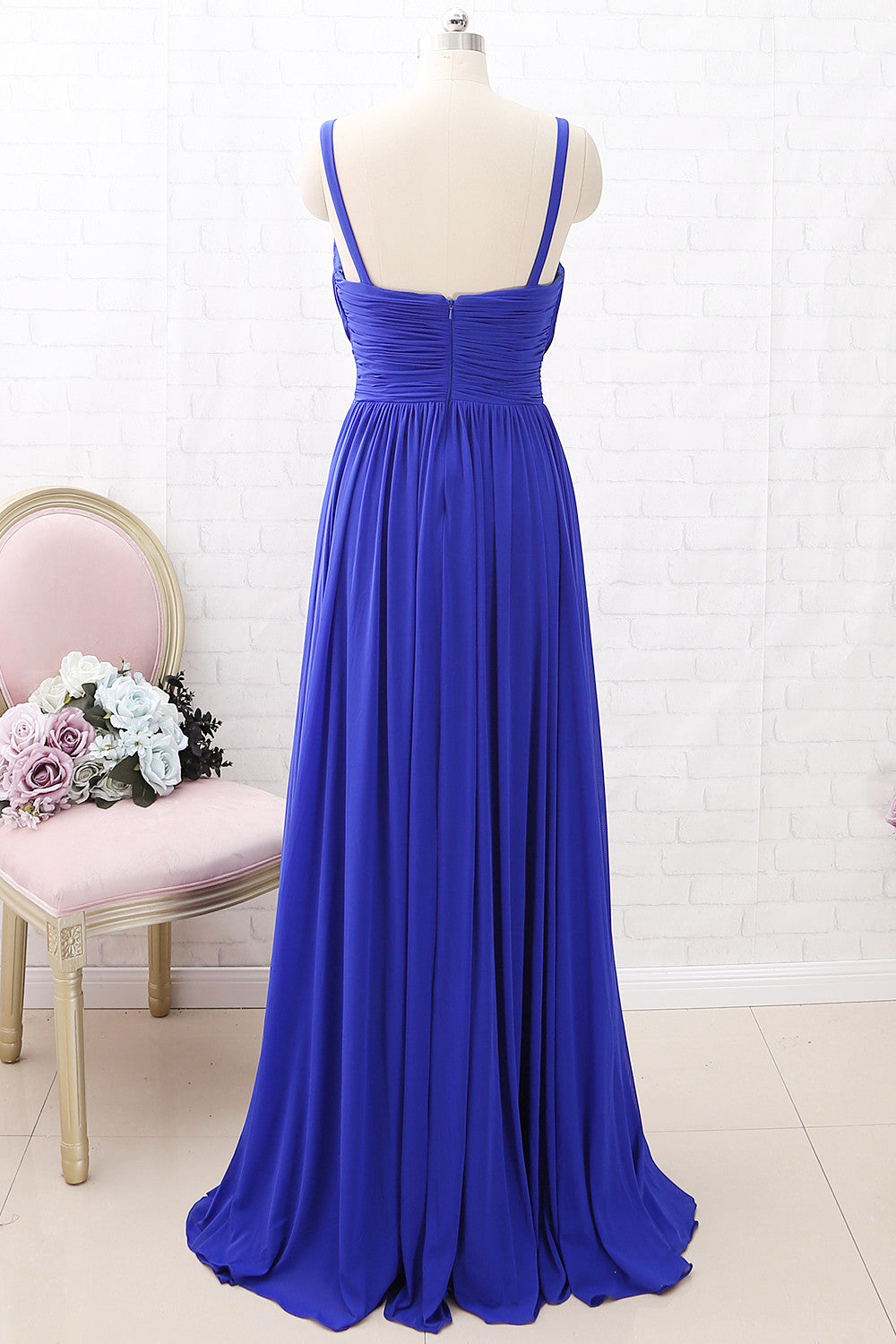 MACloth Träger Tiefe V Ausschnitt Jersey Maxi Ballkleid Königsblau Formales Abendkleid