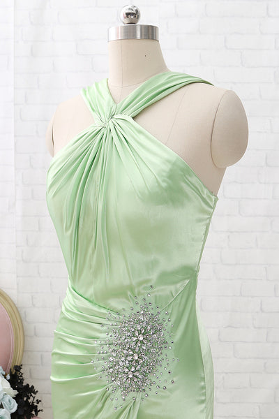 MACloth Halter Sheath Mint Maxi Prom Dress Satin Formal Evening Gown with Slit