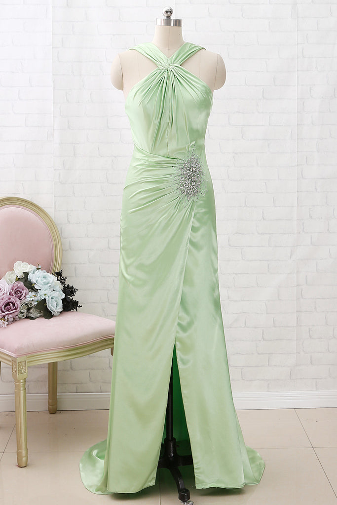 MACloth Halter Sheath Mint Maxi Prom Dress Satin Formal Evening Gown with Slit