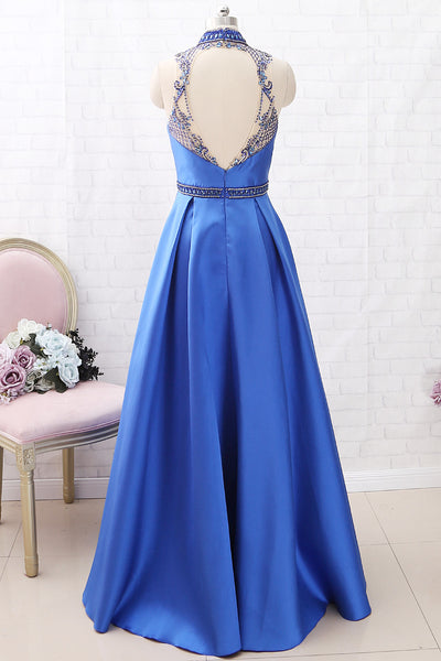 MACloth High Neck with Beaded Satin Maxi Prom Dress Royal Blue Formal Evening Gown with Pocket