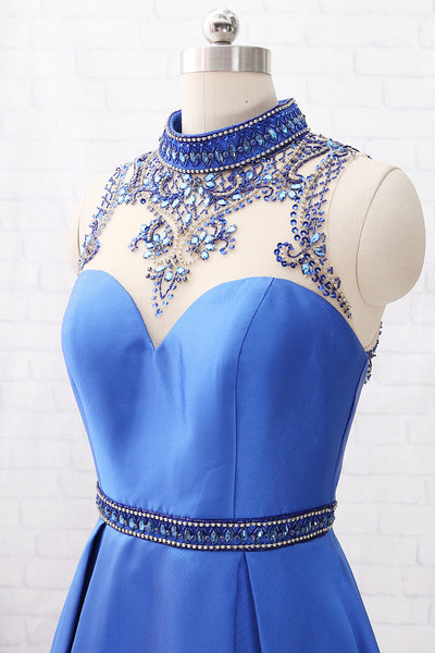MACloth High Neck with Beaded Satin Maxi Prom Dress Royal Blue Formal Evening Gown with Pocket