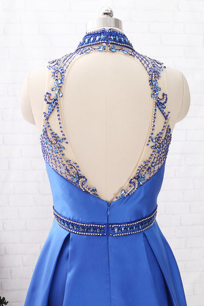 MACloth High Neck with Beaded Satin Maxi Prom Dress Royal Blue Formal Evening Gown with Pocket