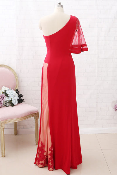 MACloth One Shoulder Sheath Long Jersey Prom Dress Red Formal Evening Gown