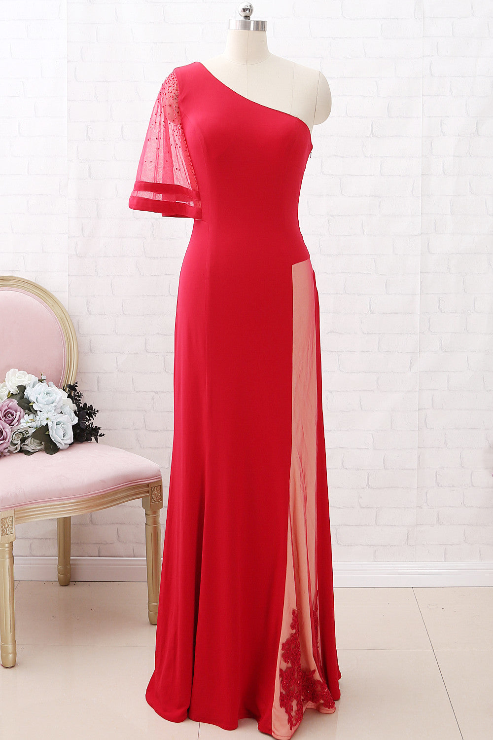 MACloth One-Shoulder Etuikleid lang Jersey Ballkleid rot formelles Abendkleid