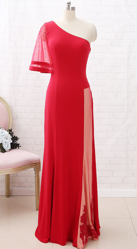 MACloth One Shoulder Sheath Long Jersey Prom Dress Red Formal Evening Gown