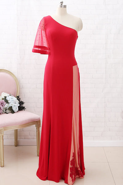 MACloth One Shoulder Sheath Long Jersey Prom Dress Red Formal Evening Gown