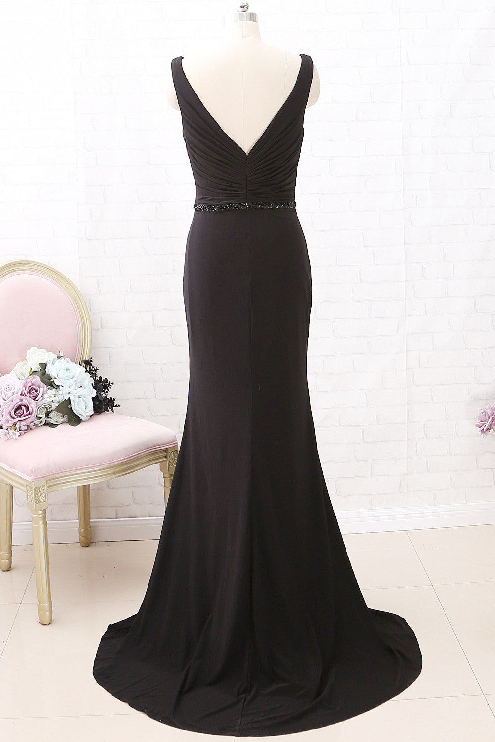 MACloth Träger V-Ausschnitt Meerjungfrau Schwarz Maxi Ballkleid Jersey Formales Abendkleid