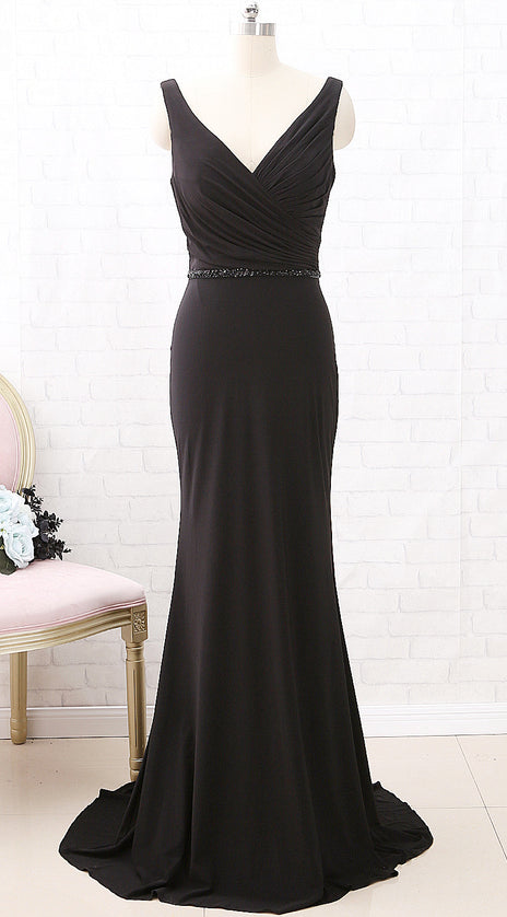 MACloth Straps V Neck Mermaid Black Maxi Prom Dress Jersey Formal Evening Gown
