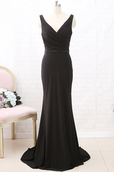 MACloth Straps V Neck Mermaid Black Maxi Prom Dress Jersey Formal Evening Gown