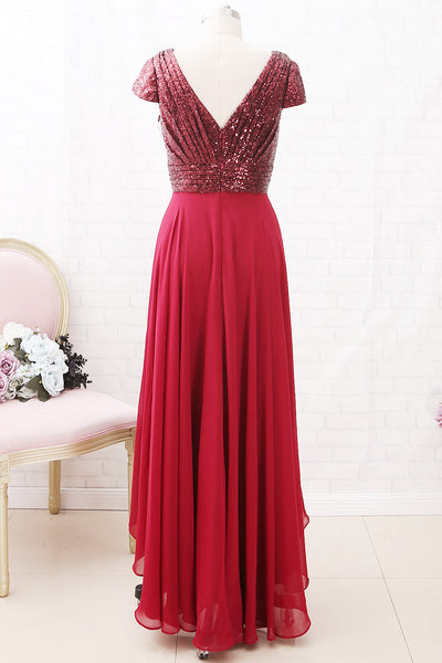MACloth Cap Sleeves V Neck Sequin Chiffon High Low Mother of the Brides Dress Burgundy Formal Gown
