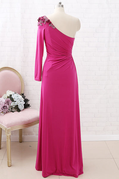 MACloth One Shoulder Long Sleeves Jersey Maxi Prom Dress Fuchsia Formal Evening Gown