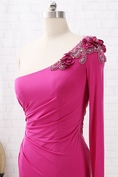 MACloth One Shoulder Long Sleeves Jersey Maxi Prom Dress Fuchsia Formal Evening Gown