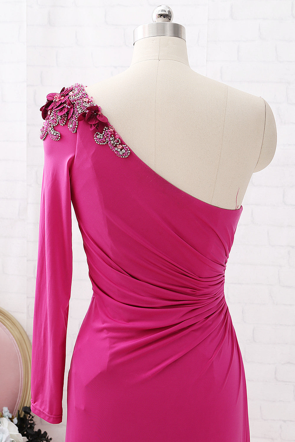 MACloth Ein-Schulter-Langarm-Jersey-Maxi-Ballkleid Fuchsia Formales Abendkleid