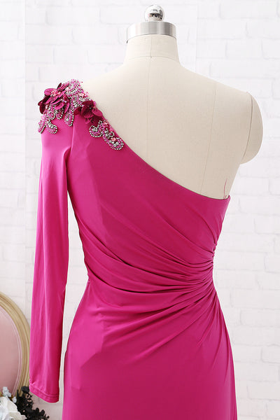 MACloth One Shoulder Long Sleeves Jersey Maxi Prom Dress Fuchsia Formal Evening Gown