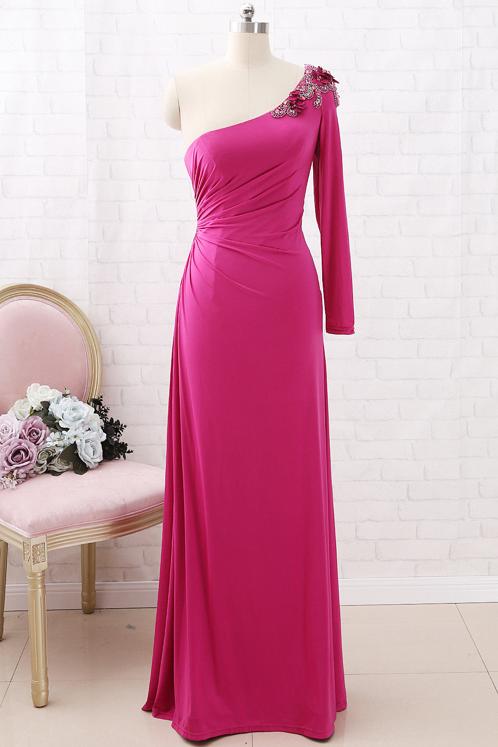 MACloth Ein-Schulter-Langarm-Jersey-Maxi-Ballkleid Fuchsia Formales Abendkleid