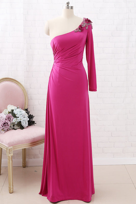 MACloth One Shoulder Long Sleeves Jersey Maxi Prom Dress Fuchsia Formal Evening Gown