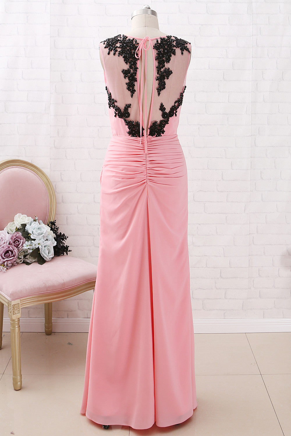 MACloth Träger V-Ausschnitt mit Spitze Chiffon Maxi Ballkleid Blush formelles Abendkleid