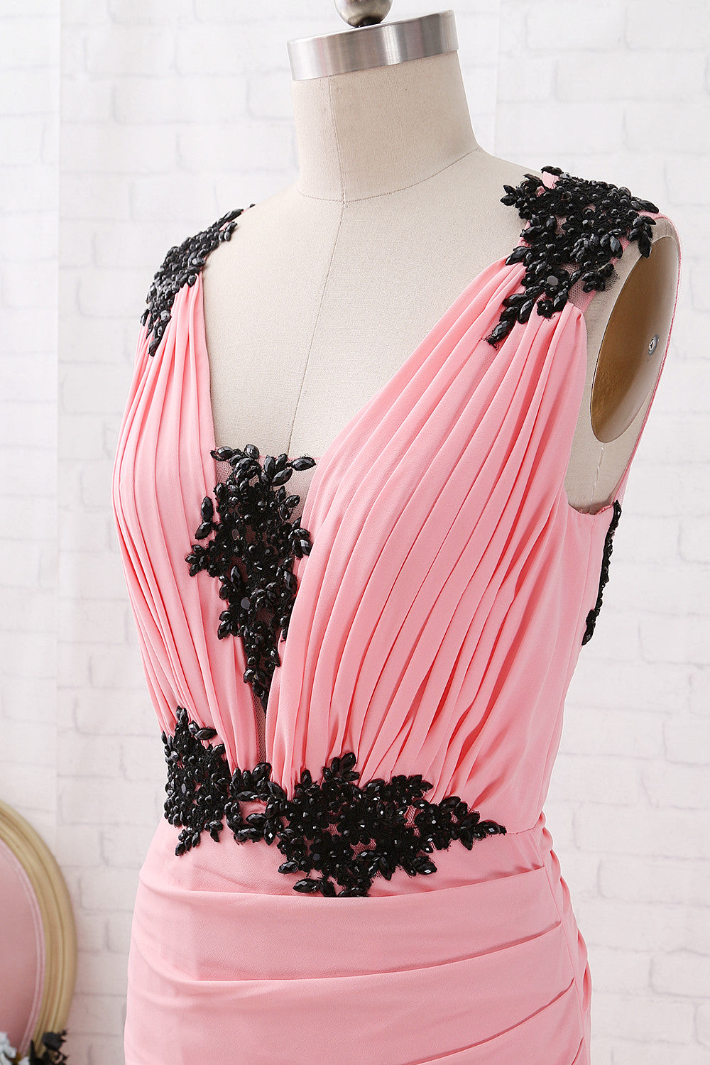 MACloth Träger V-Ausschnitt mit Spitze Chiffon Maxi Ballkleid Blush formelles Abendkleid