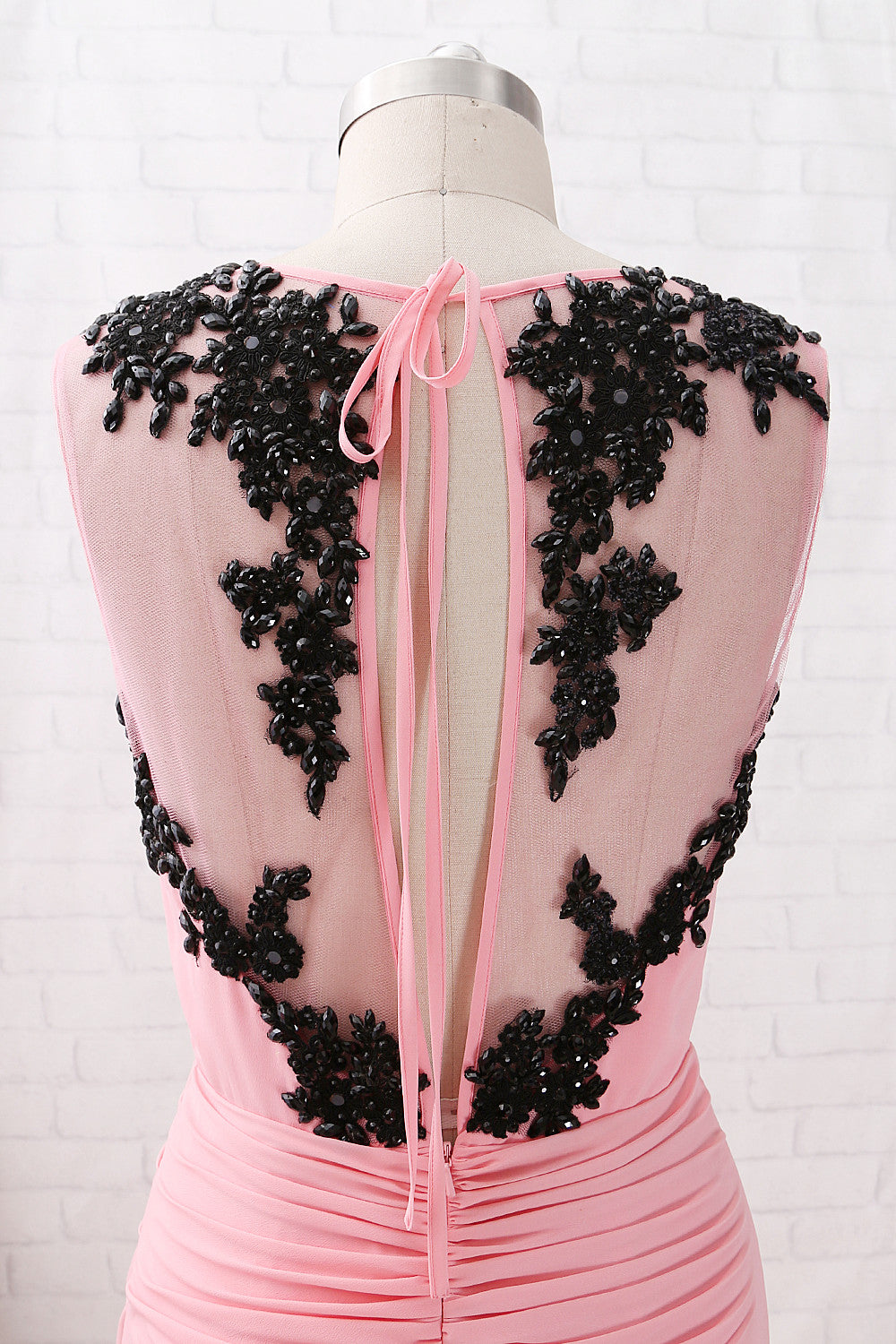 MACloth Träger V-Ausschnitt mit Spitze Chiffon Maxi Ballkleid Blush formelles Abendkleid