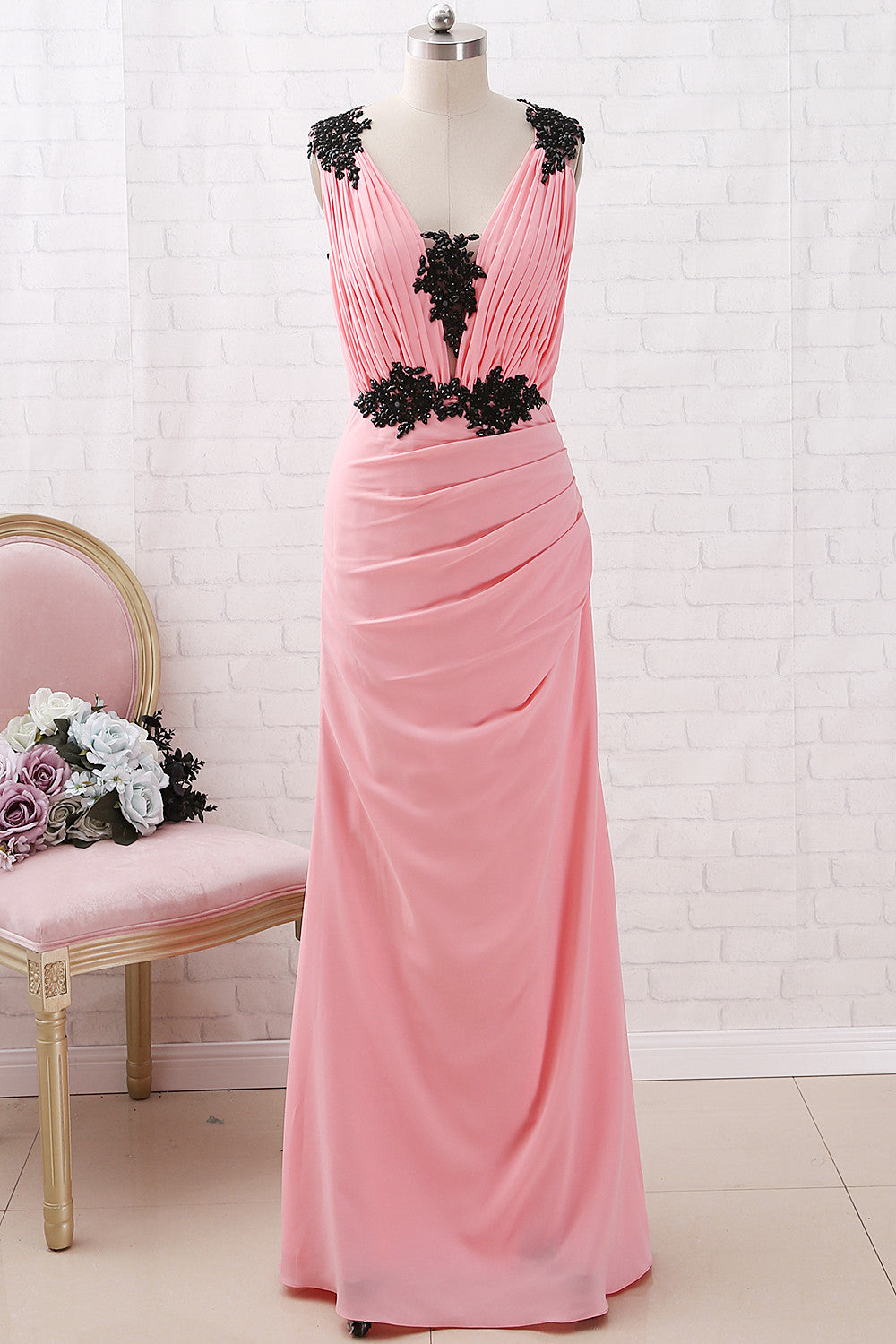 MACloth Träger V-Ausschnitt mit Spitze Chiffon Maxi Ballkleid Blush formelles Abendkleid