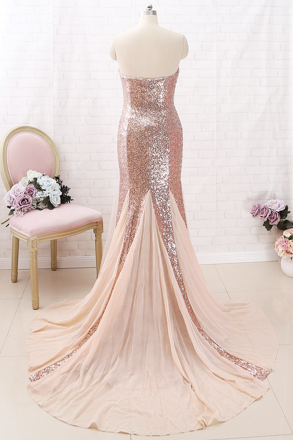 MACloth Meerjungfrau trägerloses Pailletten Maxi Ballkleid Roségold formelles Abendkleid