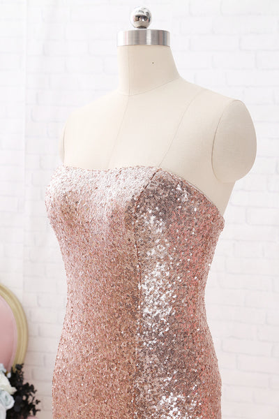 MACloth Mermaid Strapless Sequin Maxi Prom Dress Rose Gold Formal Evening Gown