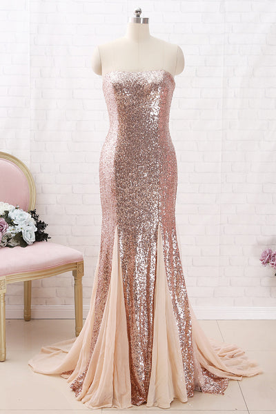 MACloth Mermaid Strapless Sequin Maxi Prom Dress Rose Gold Formal Evening Gown