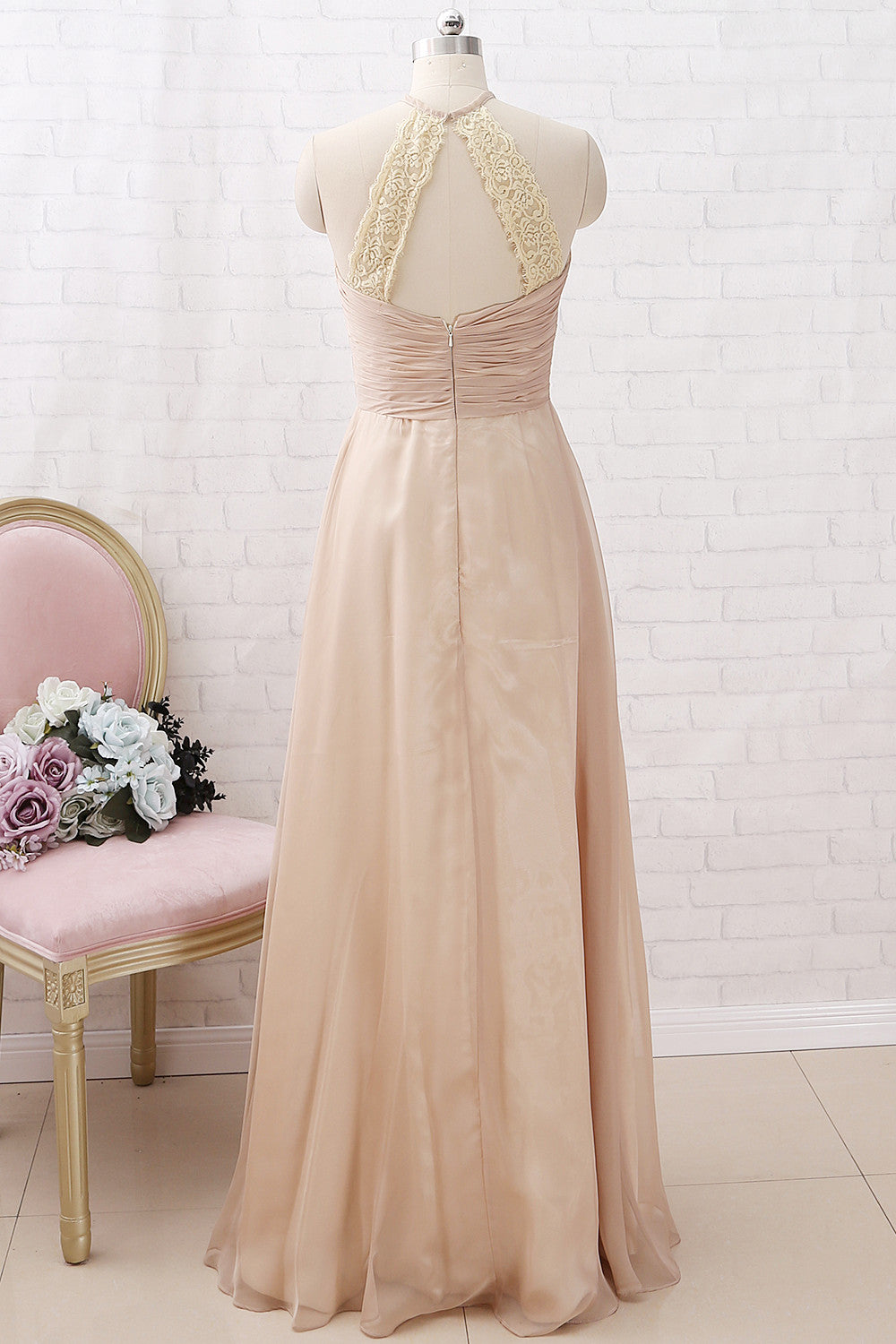 MACloth Halter Chiffon Long Bridesmaid Dress Champagne Wedding Party Dress