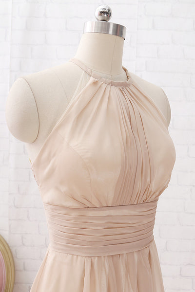 MACloth Halter Chiffon Long Bridesmaid Dress Champagne Wedding Party Dress