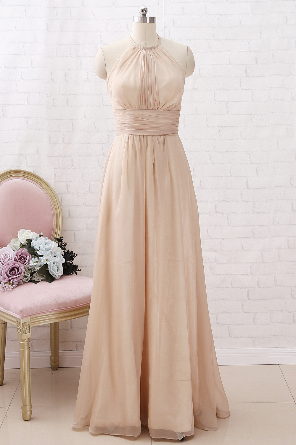 MACloth Halter Chiffon Long Bridesmaid Dress Champagne Wedding Party Dress