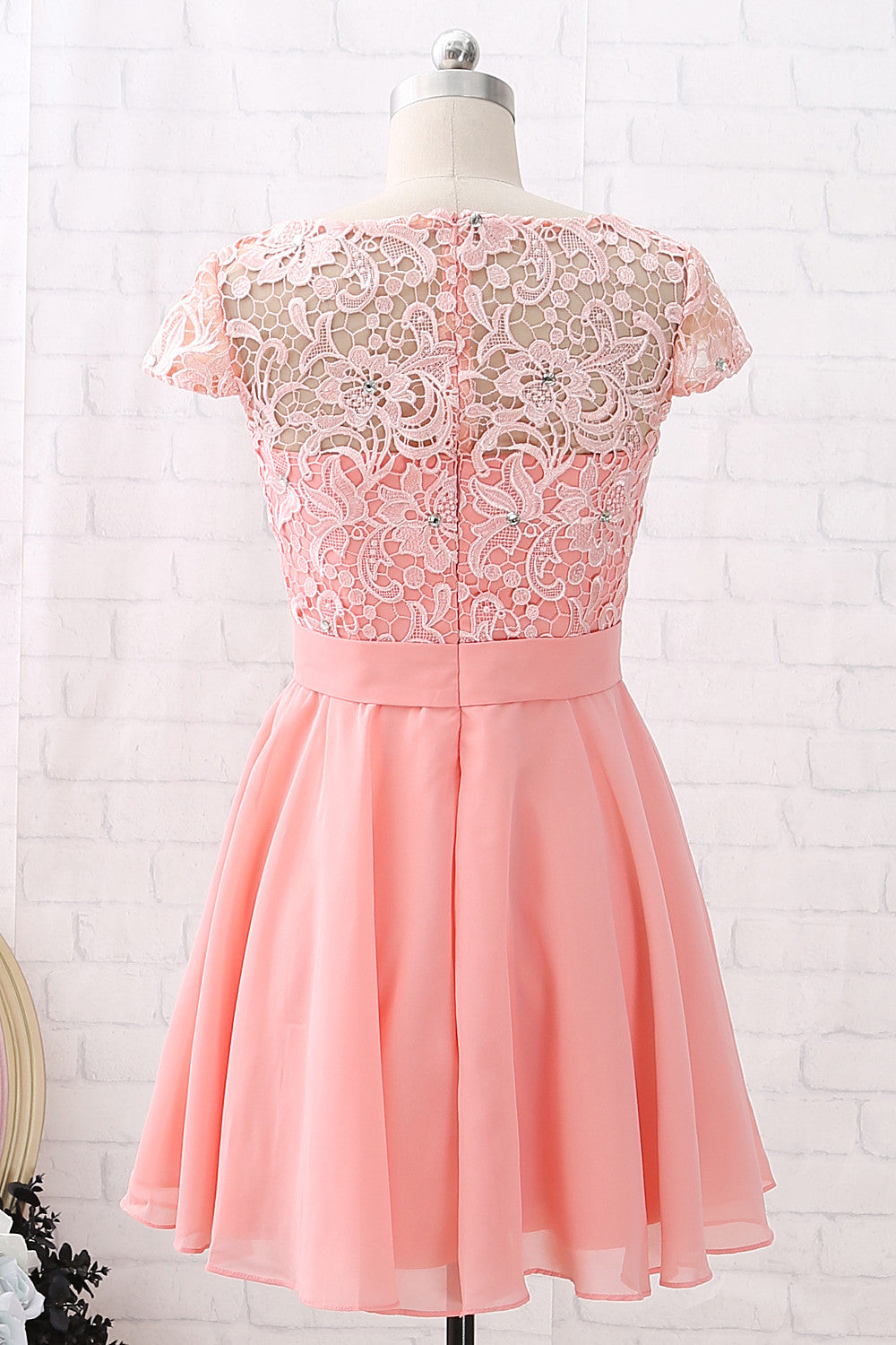 MACloth Cap Sleeves O Neck Lace Chiffon Mini Prom Homecoming Dress Peach Cocktail Dress