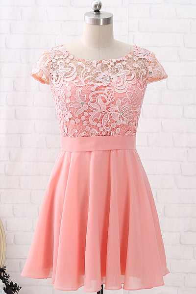 MACloth Cap Sleeves O Neck Lace Chiffon Mini Prom Homecoming Dress Peach Cocktail Dress