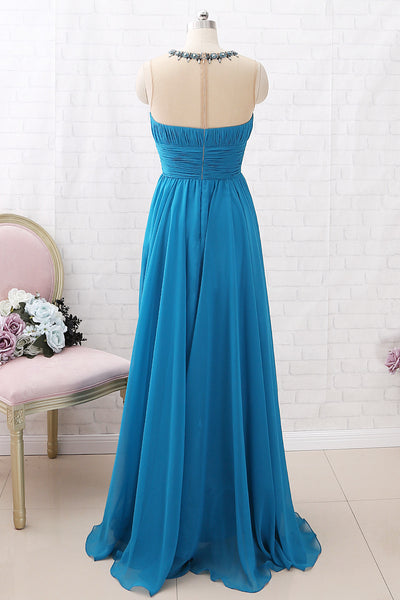 MACloth Straps Illusion with Beaded High Low Prom Dress Teal Formal Evening Gown