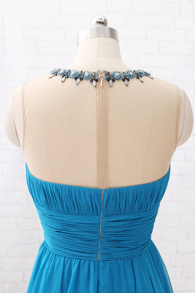 MACloth Straps Illusion with Beaded High Low Prom Dress Teal Formal Evening Gown