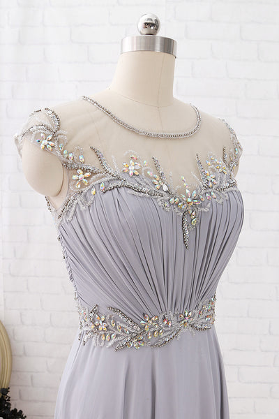 MACloth Cap Sleeves with Beaded Chiffon Maxi Prom Dress Silver Formal Evening Gown