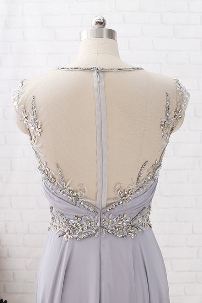 MACloth Cap Sleeves with Beaded Chiffon Maxi Prom Dress Silver Formal Evening Gown