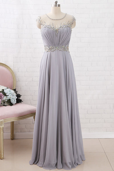 MACloth Cap Sleeves with Beaded Chiffon Maxi Prom Dress Silver Formal Evening Gown