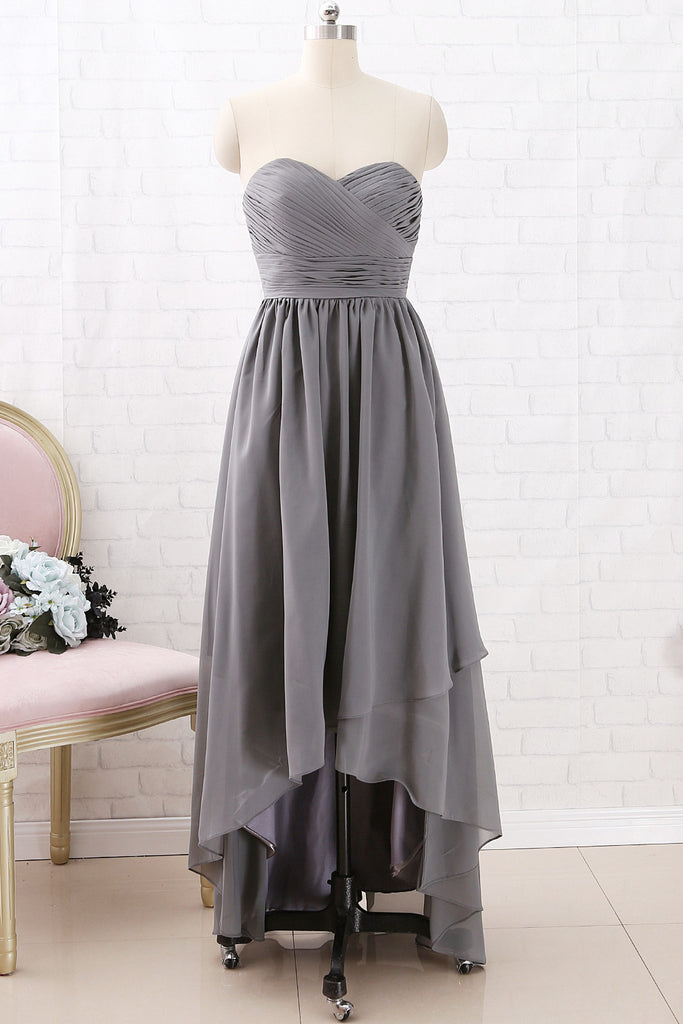 MACloth Strapless Sweetheart High Low Bridesmaid Dress Chiffon Grey Formal Gown