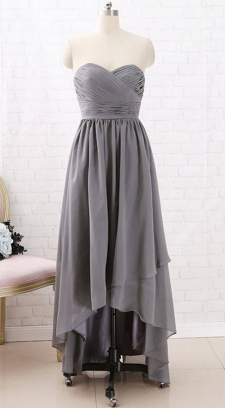 MACloth Strapless Sweetheart High Low Bridesmaid Dress Chiffon Grey Formal Gown