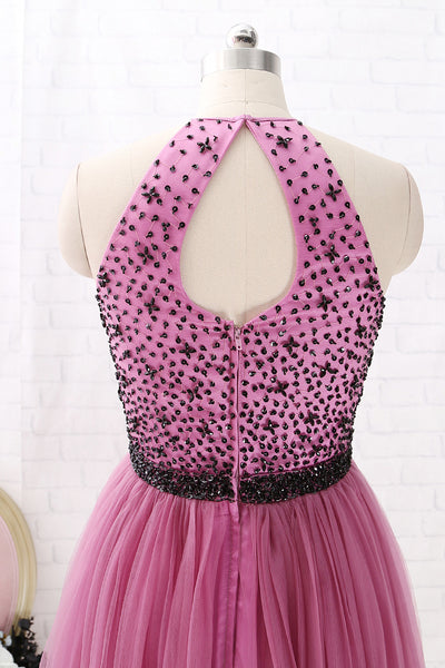 MACloth Halter with Beaded Short Prom Homecoming Dress Wisteria Tulle Cocktail Dress
