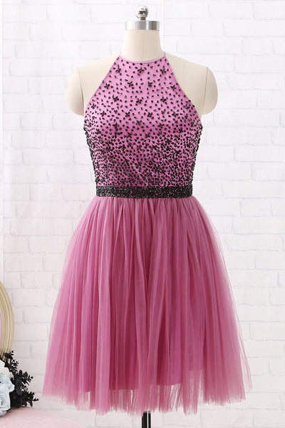 MACloth Halter with Beaded Short Prom Homecoming Dress Wisteria Tulle Cocktail Dress