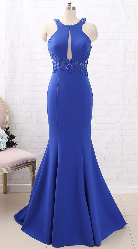 MACloth Mermaid O Neck Jersey Maxi Prom Dress Royal Blue Formal Evening Gown
