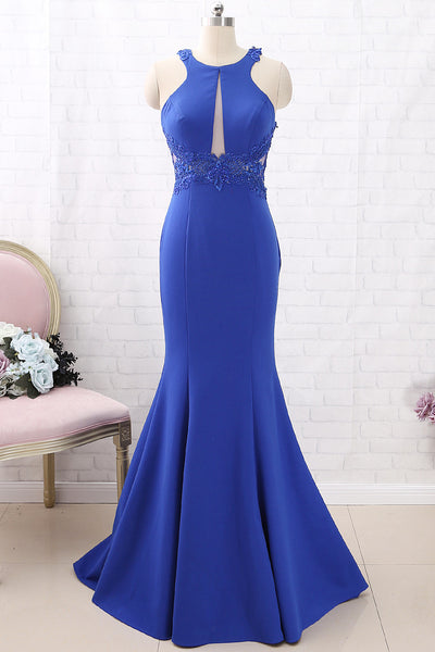 MACloth Mermaid O Neck Jersey Maxi Prom Dress Royal Blue Formal Evening Gown