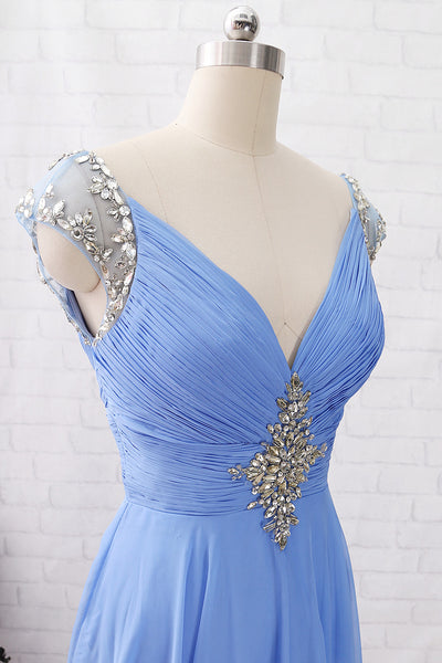 MACloth Cap Sleeves with Beaded Chiffon Long Prom Dress Sky Blue Formal Evening Gown