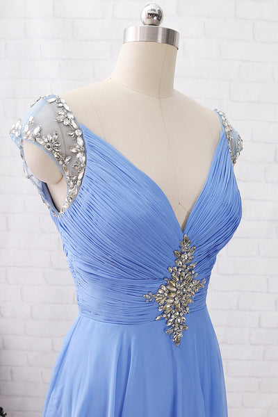 MACloth Cap Sleeves with Beaded Chiffon Long Prom Dress Sky Blue Formal Evening Gown