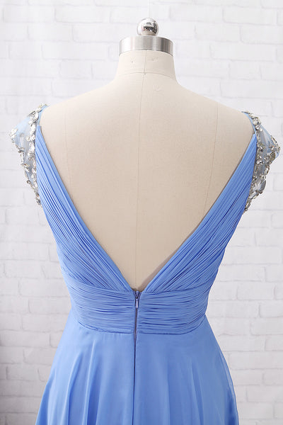 MACloth Cap Sleeves with Beaded Chiffon Long Prom Dress Sky Blue Formal Evening Gown
