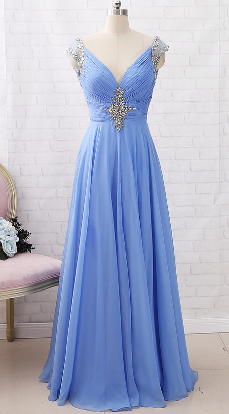MACloth Cap Sleeves with Beaded Chiffon Long Prom Dress Sky Blue Formal Evening Gown