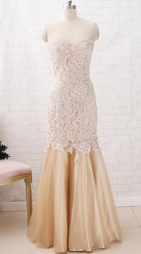 MACloth Mermaid Strapless Sweetheart Long Lace Prom Dress Champagne Formal Evening Gown