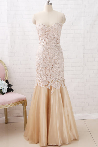 MACloth Mermaid Strapless Sweetheart Long Lace Prom Dress Champagne Formal Evening Gown